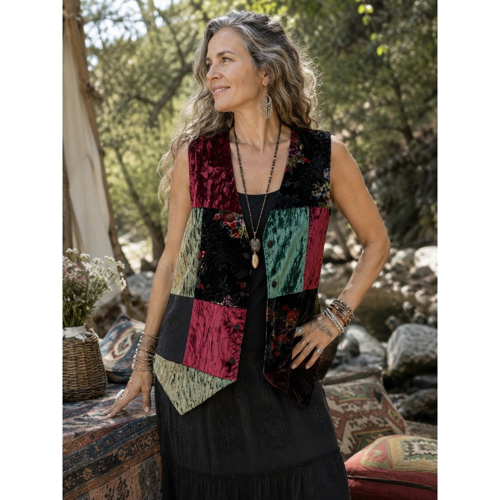 Kathy D Kathryn Deene Vest Womens 14/16 Multicolor Velvet Patchwork Art to Wear